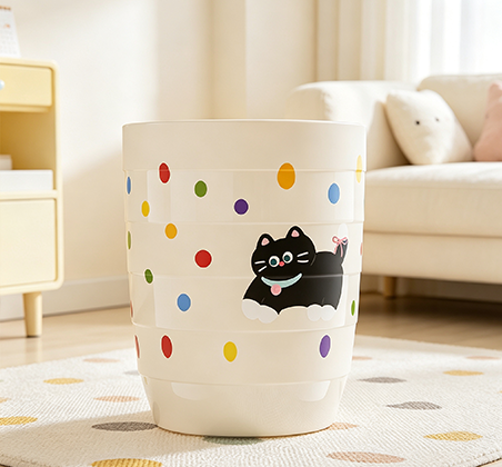 Cute Cat Pattern Trash Can with Colorful Dots | Stylish Small Indoor Waste Bin for Bedroom, Bathroom & Office