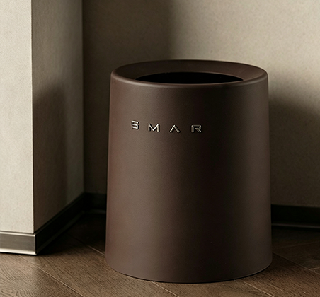 Minimalist Brown Open-Top Trash Can with Sleek Metal Lettering | Modern Cylinder Waste Bin for Living Room, Bedroom & Office