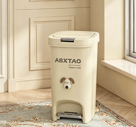 Cute Cream Dog Step Trash Can with Hands-Free Pedal | Adorable Cartoon Waste Bin for Bedroom, Living Room & Nursery