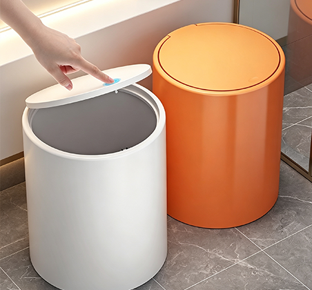 Modern Cylinder Push-Top Trash Can with Press-to-Open Lid | Minimalist Round Waste Bin for Bathroom, Office & Bedroom | White & Orange Available