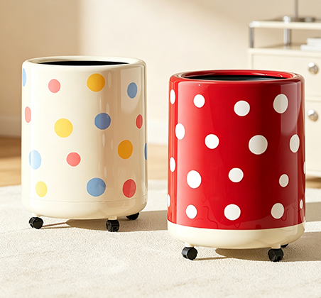 Vintage Polka Dot Rolling Trash Can with Wheels | Colorful Open-Top Cylinder Waste Bin for Bedroom, Playroom & Office | Cream & Red Available