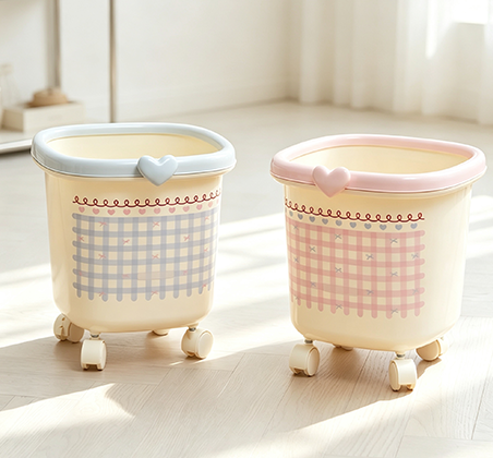 Cute Rolling Trash Can with Heart Decor & Gingham Pattern | Portable Open-Top Waste Bin with Wheels for Kids' Room, Bedroom & Living Room | Pink & Blue Available