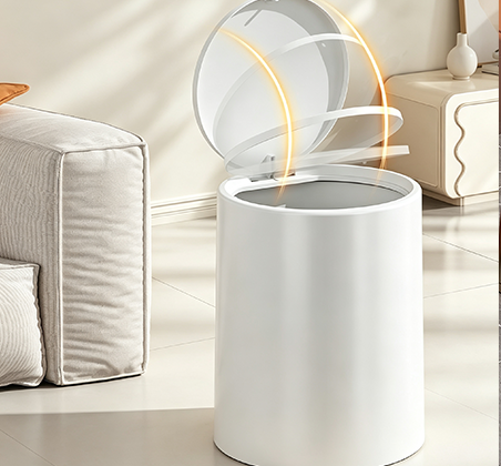 Modern Cylinder Push-Top Trash Can with Press-to-Open Lid | Minimalist Round Waste Bin for Bathroom, Office & Bedroom | White & Orange Available