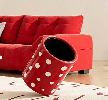 Vintage Polka Dot Rolling Trash Can with Wheels | Colorful Open-Top Cylinder Waste Bin for Bedroom, Playroom & Office | Cream & Red Available