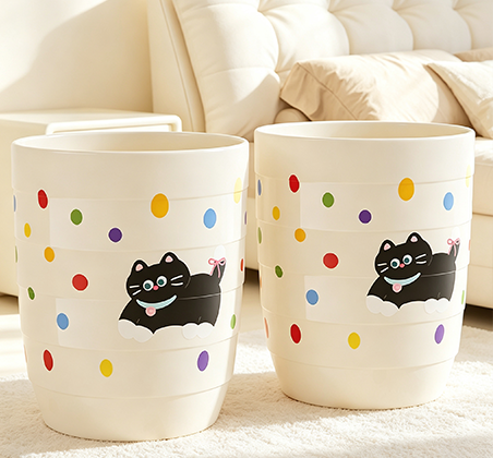 Cute Cat Pattern Trash Can with Colorful Dots | Stylish Small Indoor Waste Bin for Bedroom, Bathroom & Office