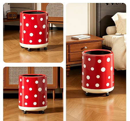 Vintage Polka Dot Rolling Trash Can with Wheels | Colorful Open-Top Cylinder Waste Bin for Bedroom, Playroom & Office | Cream & Red Available