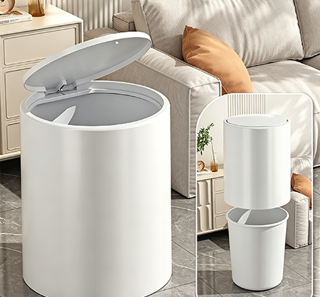 Modern Cylinder Push-Top Trash Can with Press-to-Open Lid | Minimalist Round Waste Bin for Bathroom, Office & Bedroom | White & Orange Available